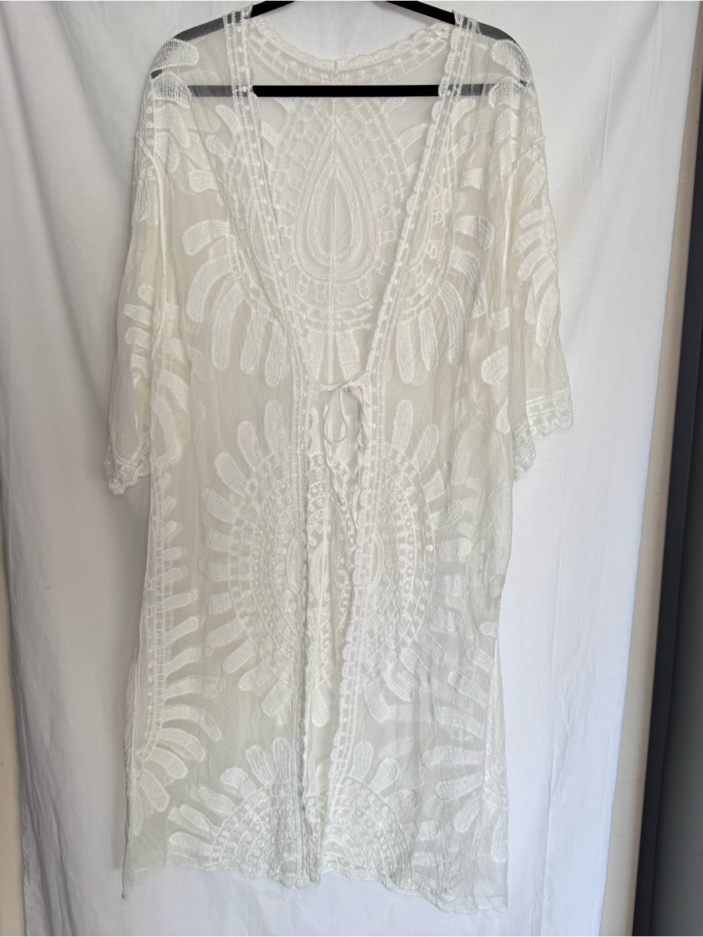 White Lace Kimono Duster Cardigan Boho Mesh Swim Cover Up OS Mandala Embroidery